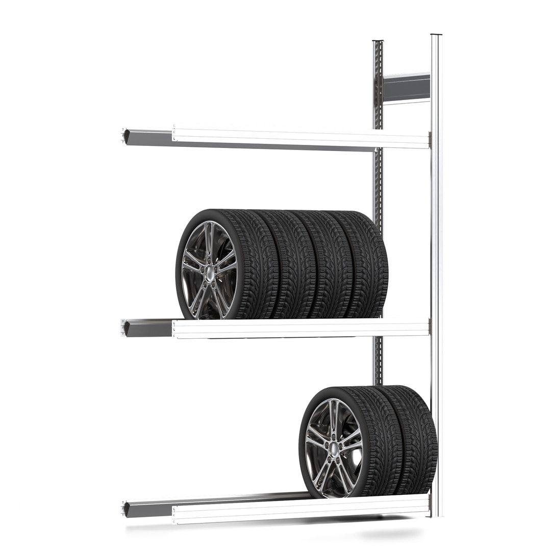 Reifenregal mit Tiefenriegel - 250 kg - 2.000 x 1.285 x 400 mm (HxBxT) - 3 Ebenen - Anbauregal - Steckregal BERT