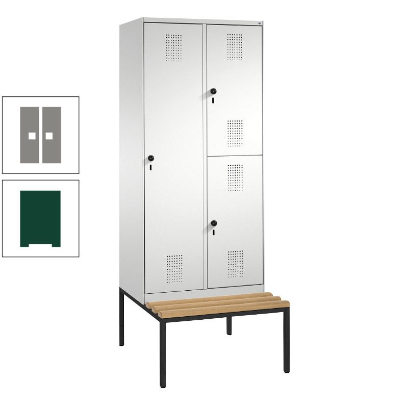 Garderobenschrank, Spind ein- und doppelstöckig Sitzbank, 2 Abteile, 3 Fächer, 2.090 x 800 x 500 mm (HxBxT), Front anthrazitgrau, Korpus anthrazitgrau