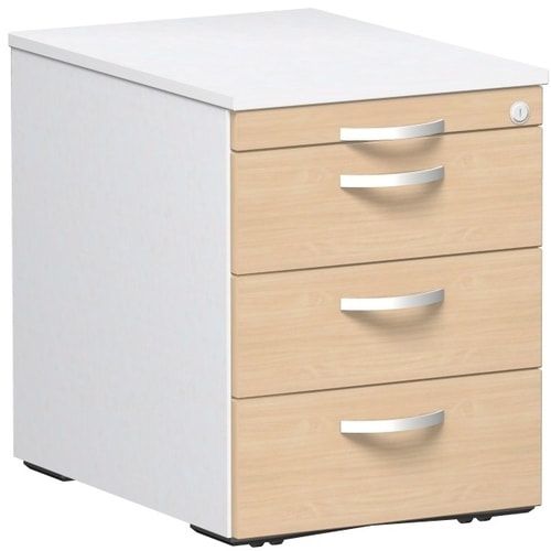 Rollcontainer, 3 Metallschubladen, Utensilienfach, Zentralverriegelung, 565 x 438 x 600 mm (HxBxT), Frontfarbe Ahorn, Korpusfarbe