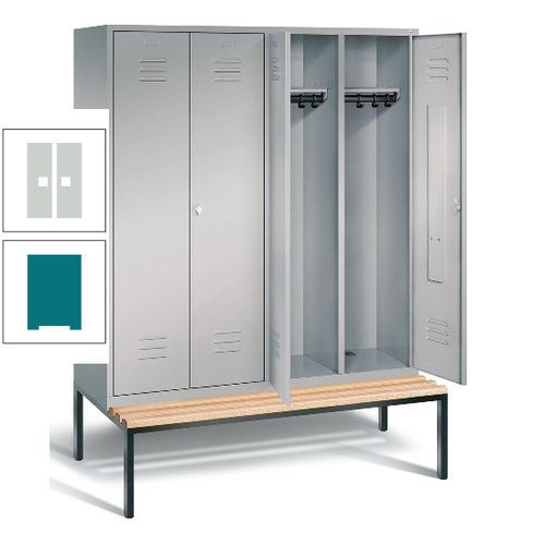 Doppel-Spindschrank, Buche Sitzbank untergebaut, 4 Abteile a 400 mm, Korpus lichtgrau, Tür anthrazitgrau, 2.090 x 1.590 x 815 mm (HxBxT)
