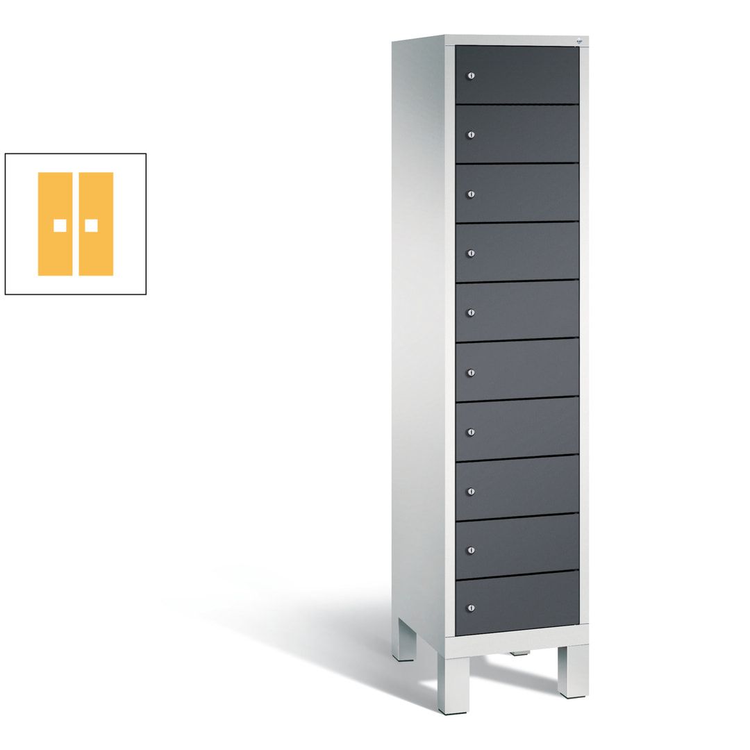Laptopschrank, Tabletschrank, Computerschrank auf Füßen, 10 Fächer, 1.850 x 420 x 500 mm (HxBxT), Korpus gelborange, Tür anthrazitgrau