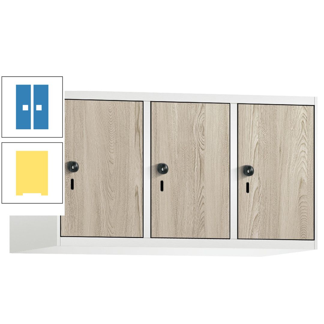 Aufsatzschrank, Schrankaufsatz, 3 Fächer a 300 mm, Farbe Pastellgelb, Tür anthrazitgrau, 500 x 900 x 500 mm (HxBxT)
