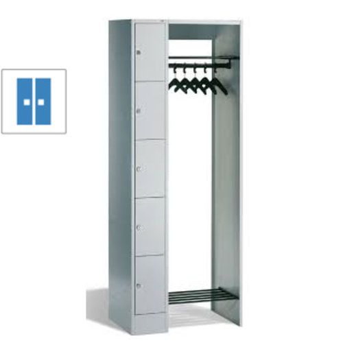Garderobenanlage, Offene Garderobe mit Spindschrank, 5 Fächer, links, Korpusfarbe lichtgrau, Türfarbe enzianblau, 1.950 x 740 x 480 mm (HxBxT)