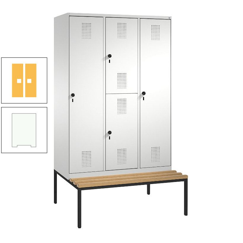 Garderobenschrank, Spind ein- und doppelstöckig Sitzbank, 3 Abteile, 4 Fächer, 2.090x1.200x500 mm (HxBxT), Front anthrazitgrau, Korpus anthrazitgrau