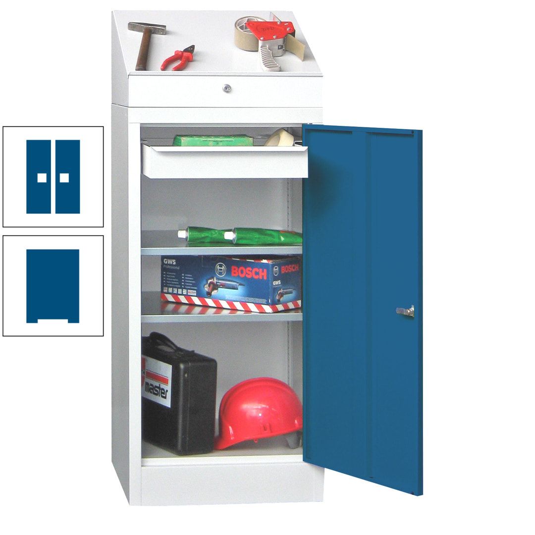 Stehpult mit Schrank - Vollblechtür - 1 Einlegeboden, 1 Ausziehboden, 1 Schublade - 1.270x500x500 mm (HxBxT) - anthrazitgrau