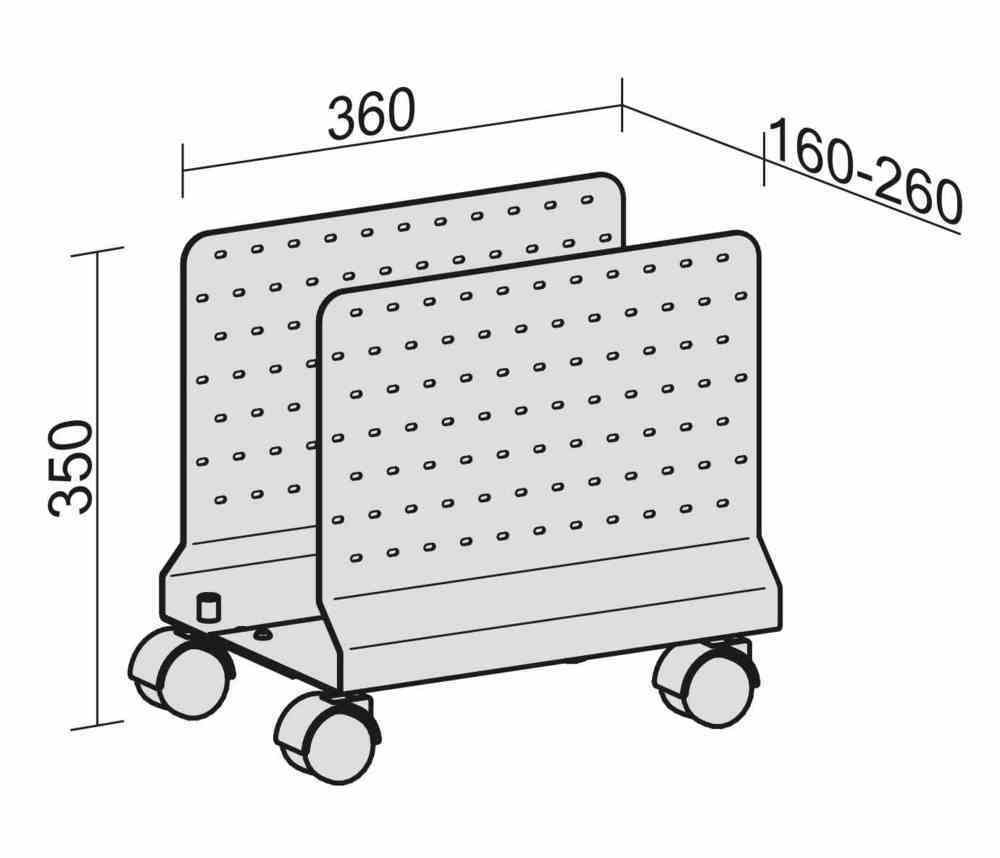 Mobiler CPU-Halter, Lochblech, Inkl. 4 Rollen, Höhe: 350 mm, Breite: 160 - 260 mm, Tiefe: 360 mm, silber
