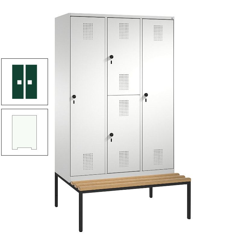 Garderobenschrank, Spind ein- und doppelstöckig Sitzbank, 3 Abteile, 4 Fächer, 2.090x1.200x500 mm (HxBxT), Front anthrazitgrau, Korpus anthrazitgrau