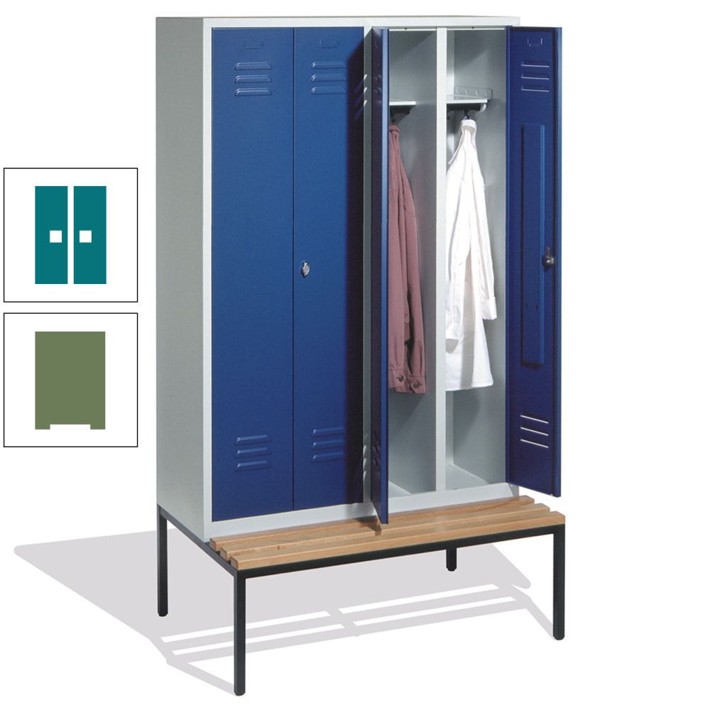 Doppel-Spindschrank, Buche Sitzbank untergebaut, 4 Abteile a 300 mm, Korpus lichtgrau, Tür anthrazitgrau, 2.090 x 1.190 x 815 mm (HxBxT)