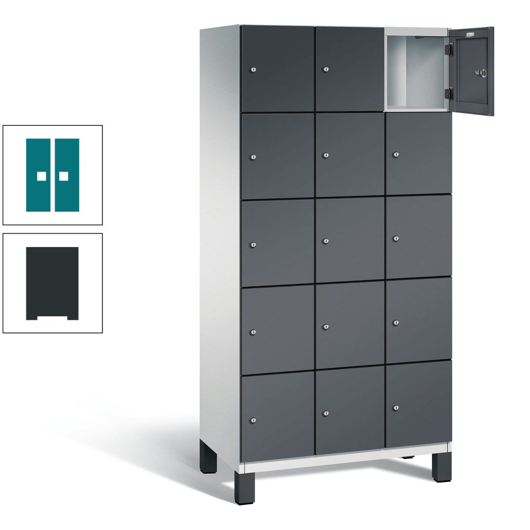 Fächerschrank, Stahlschrank, 15 Fächer, Türöffnungsbegrenzer, Füße, 1.980 x 900 x 525 mm (HxBxT), Korpus anthrazitgrau, Front anthrazitgrau