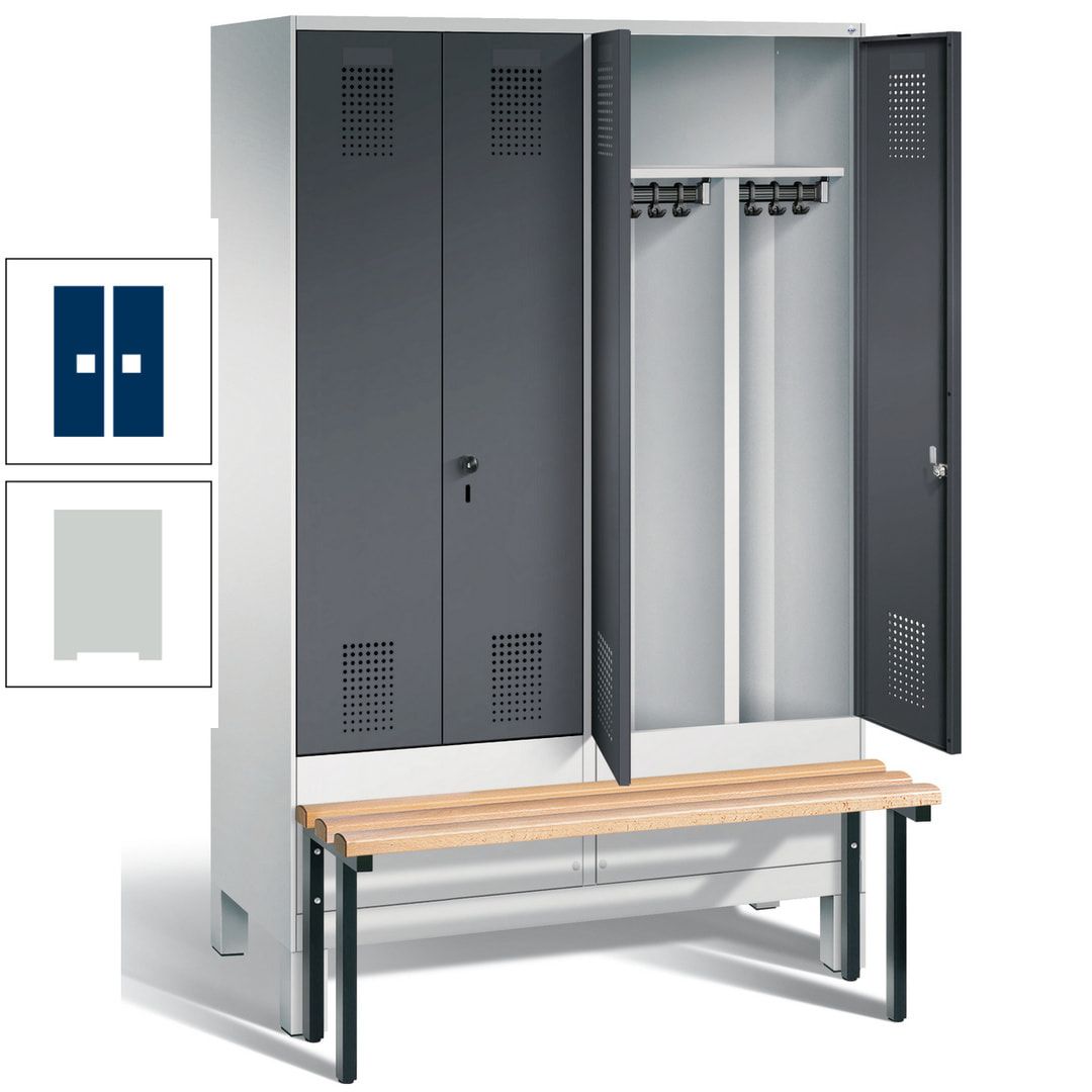 Doppel-Spind, Garderobenschrank, Buche Sitzbank vorgebaut, 4 Abteile a 300 mm, Korpus feuerrot, Tür Wasserblau, 1.850 x 1.200 x 815 mm (HxBxT)