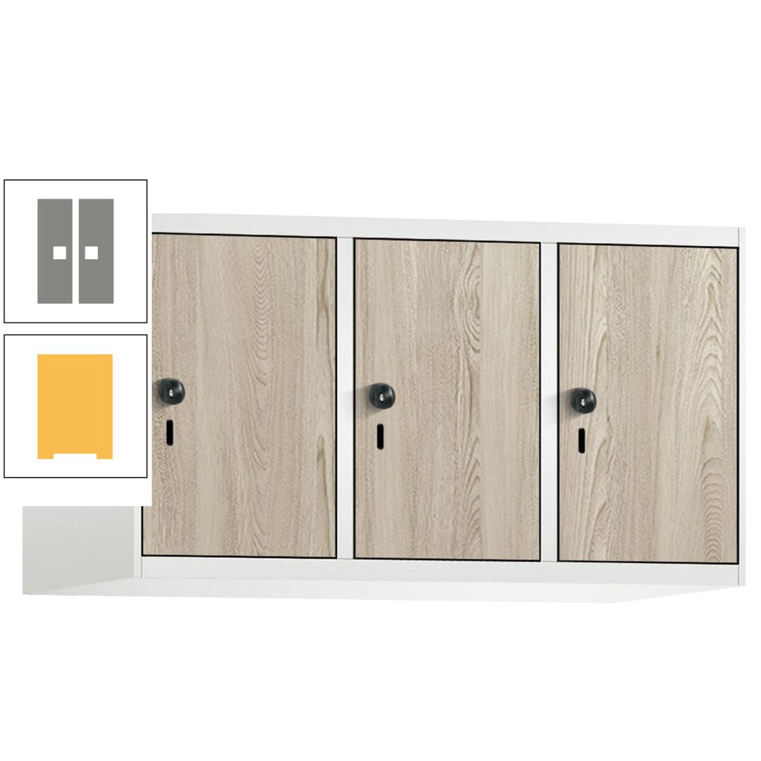Aufsatzschrank, Schrankaufsatz, 3 Fächer a 300 mm, Farbe Pastellgelb, Tür anthrazitgrau, 500 x 900 x 500 mm (HxBxT)