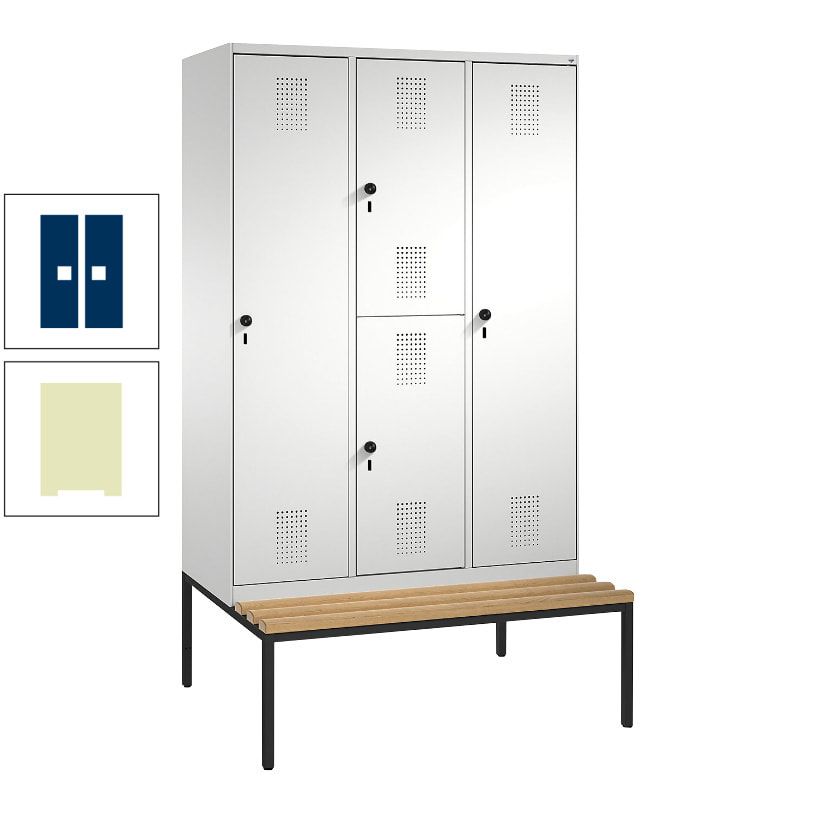 Garderobenschrank, Spind ein- und doppelstöckig Sitzbank, 3 Abteile, 4 Fächer, 2.090x1.200x500 mm (HxBxT), Front anthrazitgrau, Korpus anthrazitgrau