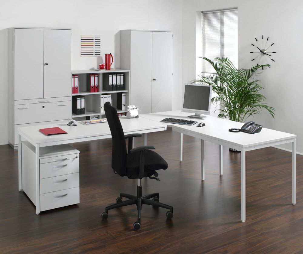 Schreibtisch - 4-Fuß Eco - Eckschreibtisch rechts - 720 x 1.800 x 1.000 mm (HxBxT) - Gestell lichtgrau - Ahorn