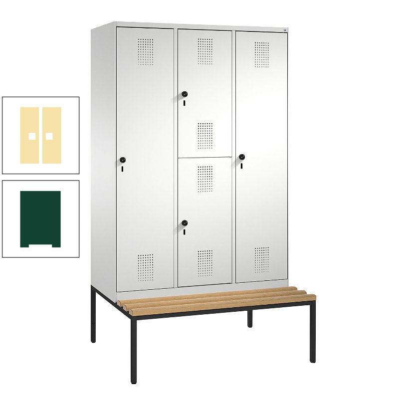 Garderobenschrank, Spind ein- und doppelstöckig Sitzbank, 3 Abteile, 4 Fächer, 2.090x1.200x500 mm (HxBxT), Front anthrazitgrau, Korpus anthrazitgrau