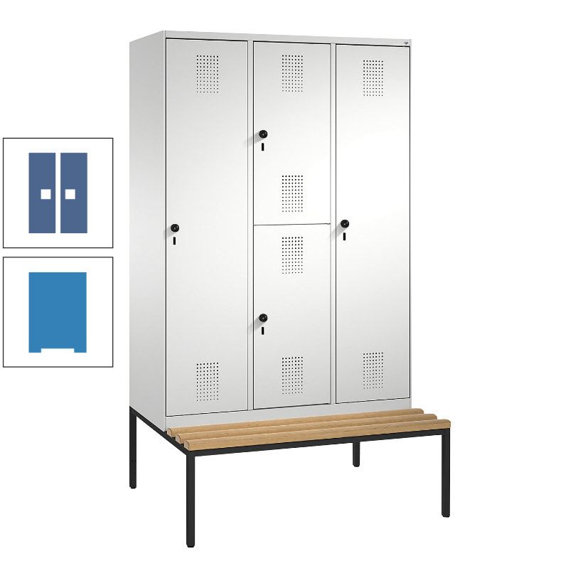 Garderobenschrank, Spind ein- und doppelstöckig Sitzbank, 3 Abteile, 4 Fächer, 2.090x1.200x500 mm (HxBxT), Front anthrazitgrau, Korpus anthrazitgrau