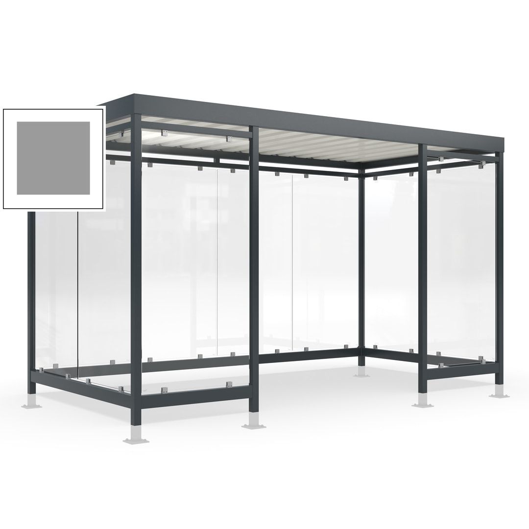 Raucherunterstand für 12-13 Personen, Bushaltestelle, mit Überpflasterung, 2.440 x 4.195 x 2.165 mm (HxBxT), 10 Wände, Achatgrau