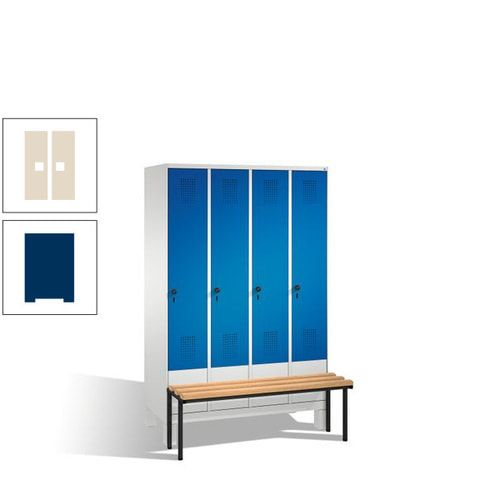 Stahl-Garderobenschrank, Spind, Buche Sitzbank vorgebaut, 4 Abteile a 300 mm, Korpus Lichtgrün, Tür Schwefelgelb, 1.850 x 1.200 x 815 mm (HxBxT)