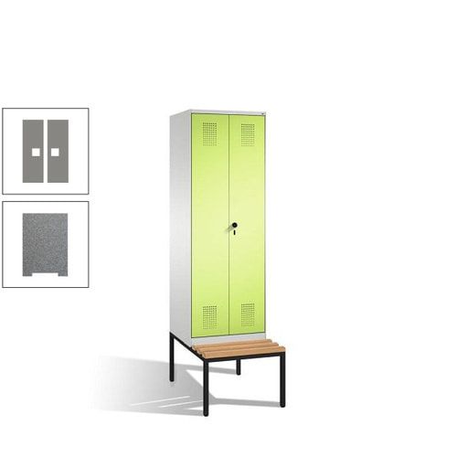 Doppel-Spind, Garderobenschrank, Buche Sitzbank untergebaut, 2 Abteile a 300 mm, Korpus anthrazitgrau, Tür anthrazitgrau, 2.090 x 600 x 815 mm (HxBxT)