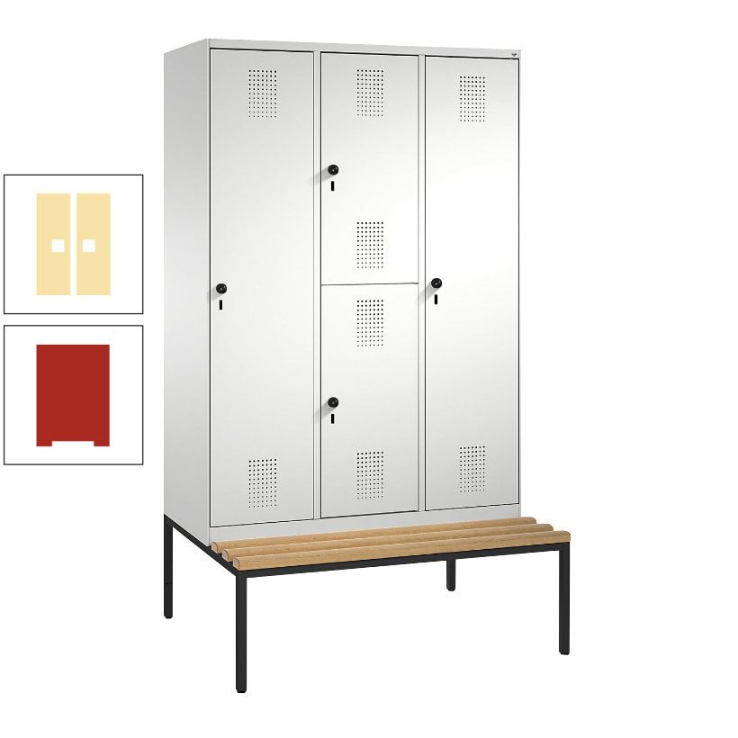 Garderobenschrank, Spind ein- und doppelstöckig Sitzbank, 3 Abteile, 4 Fächer, 2.090x1.200x500 mm (HxBxT), Front anthrazitgrau, Korpus anthrazitgrau