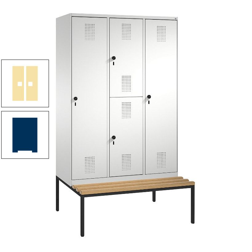 Garderobenschrank, Spind ein- und doppelstöckig Sitzbank, 3 Abteile, 4 Fächer, 2.090x1.200x500 mm (HxBxT), Front anthrazitgrau, Korpus anthrazitgrau