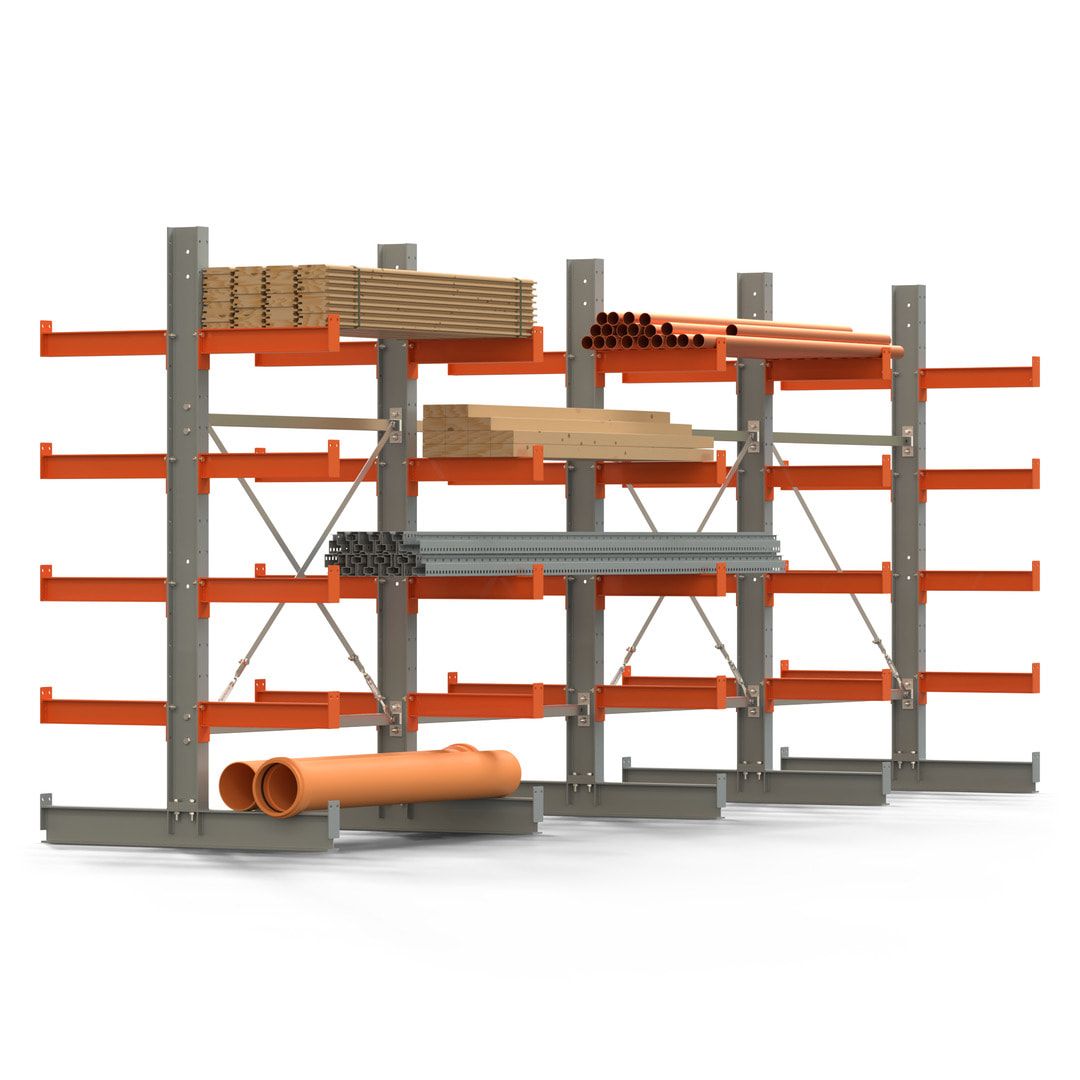 Doppelseitiges Kragarmregal, 2 Felder, 2.000 x 2.560 x 1.120 mm (HxBxT), Nutztiefe 500 mm, Kragarmlast 870 kg, KARL basic, silbergrau/reinorange