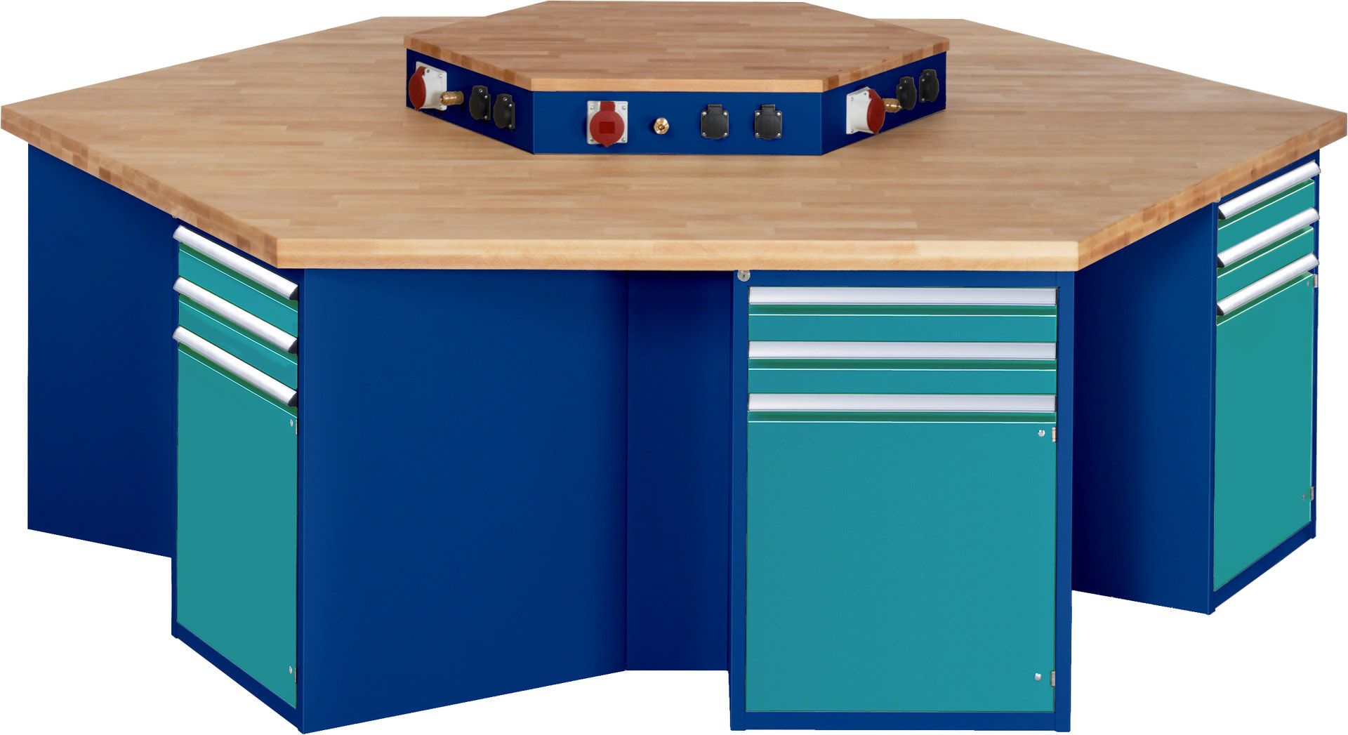 Gruppenwerkbank, Buche, Höhe 840 mm, mit Energieaufsatz, Unterbau-Container, 2 Schubladen, 1 Tür, 1 Boden - Anthrazitgrau