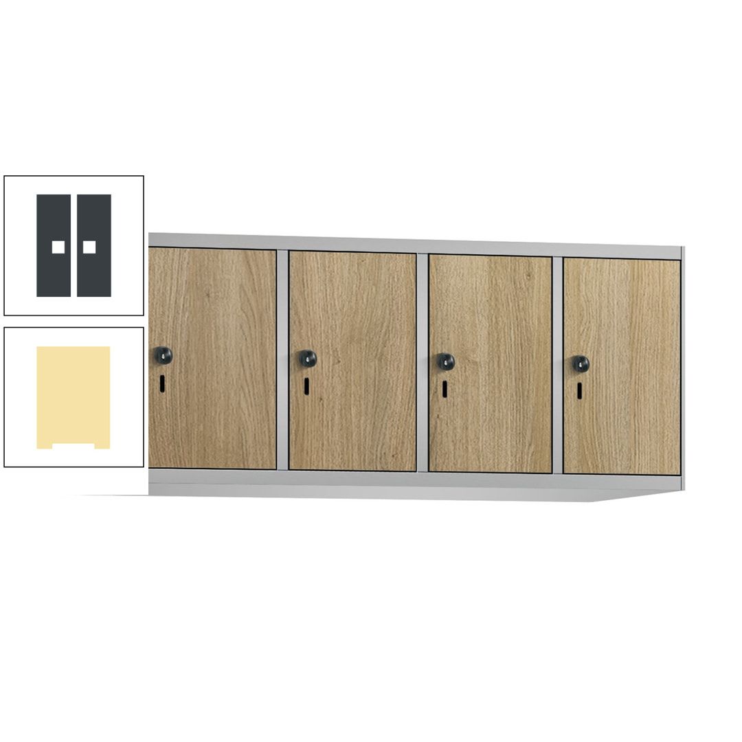 Aufsatzschrank, Schrankaufsatz, 4 Fächer a 300 mm, Farbe Pastellgelb, Tür anthrazitgrau, 500 x 1.200 x 500 mm (HxBxT)