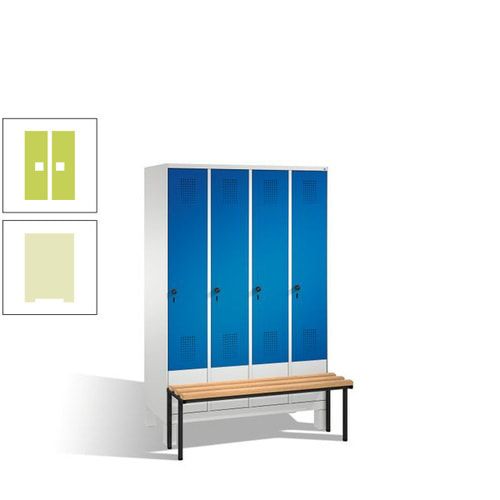 Stahl-Garderobenschrank, Spind, Buche Sitzbank vorgebaut, 4 Abteile a 300 mm, Korpus Lichtgrün, Tür Schwefelgelb, 1.850 x 1.200 x 815 mm (HxBxT)