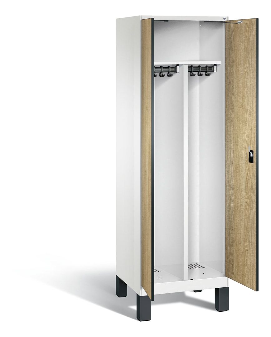 Doppel-Spind, Garderobenschrank mit Füßen, 2 Abteile a 300 mm, Korpus anthrazitgrau, Tür Dekorfront HPL Donau-Ahorn, 1.850 x 600 x 500 mm (HxBxT)