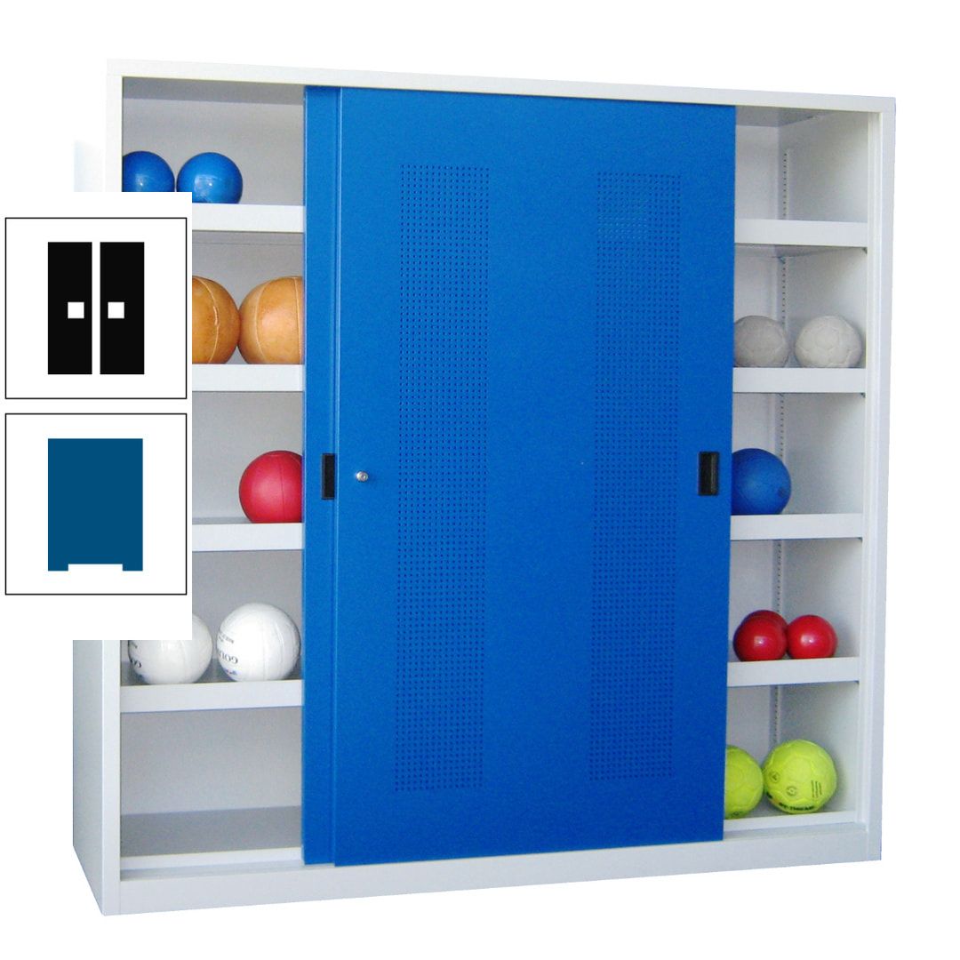 Ballschrank - Schiebetüren mit Lochfeld - Trennwand - 8 Böden - 1.950x2.000x600 mm (HxBxT) - anthrazitgrau