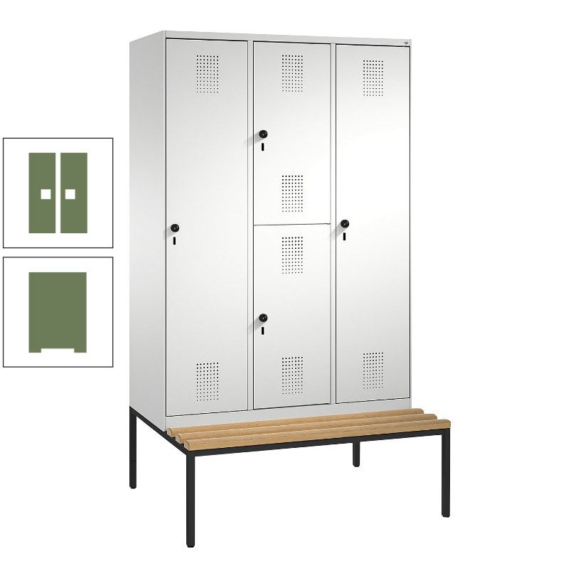 Garderobenschrank, Spind ein- und doppelstöckig Sitzbank, 3 Abteile, 4 Fächer, 2.090x1.200x500 mm (HxBxT), Front anthrazitgrau, Korpus anthrazitgrau