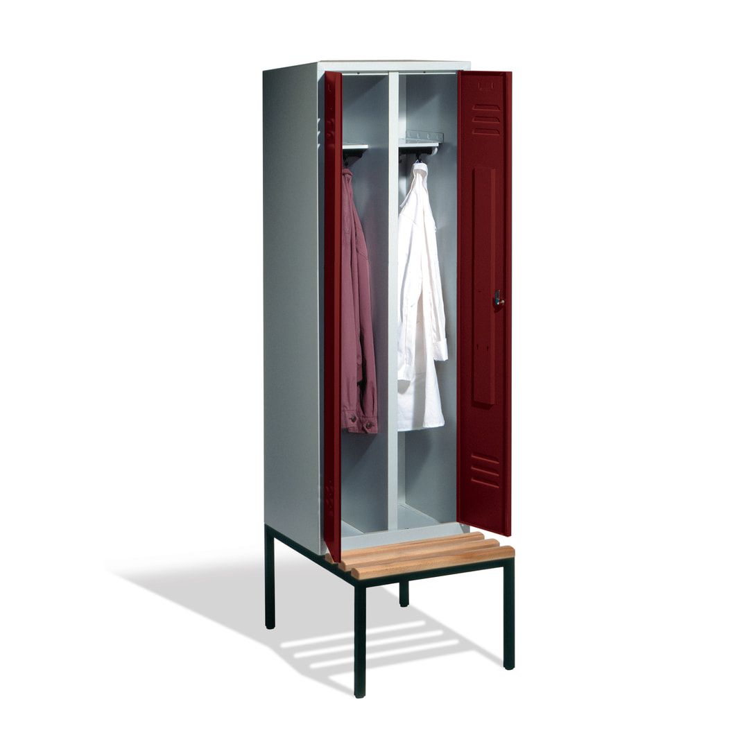 Doppel-Spindschrank, Buche Sitzbank untergebaut, 2 Abteile a 300 mm, Korpus lichtgrau, Tür anthrazitgrau, 2.090 x 610 x 815 mm (HxBxT)