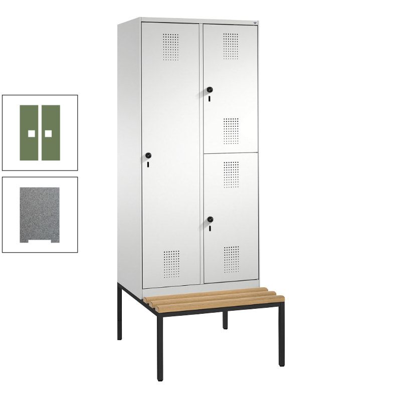 Garderobenschrank, Spind ein- und doppelstöckig Sitzbank, 2 Abteile, 3 Fächer, 2.090 x 800 x 500 mm (HxBxT), Front anthrazitgrau, Korpus anthrazitgrau