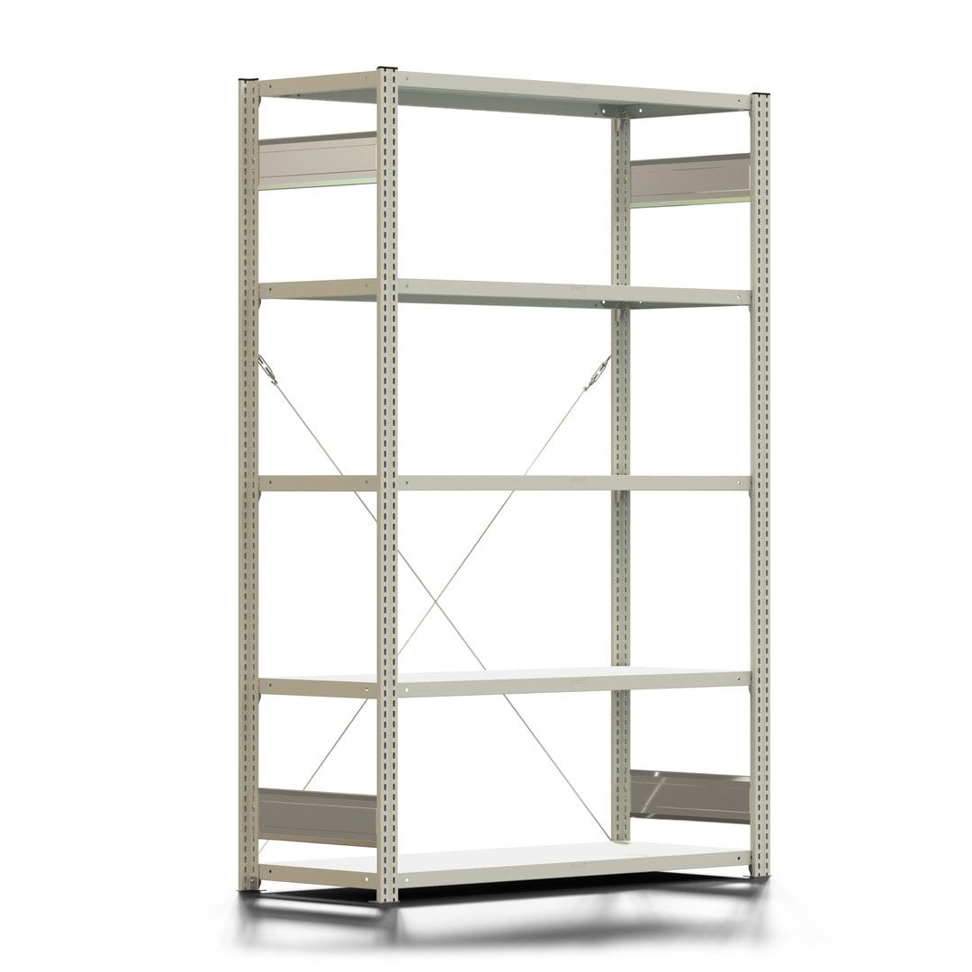 Fachbodenregal mit Tiefenriegel - 150 kg - 2.000 x 1.285 x 500 mm (HxBxT) - Anbauregal - lichtgrau - 5 Böden - BERT