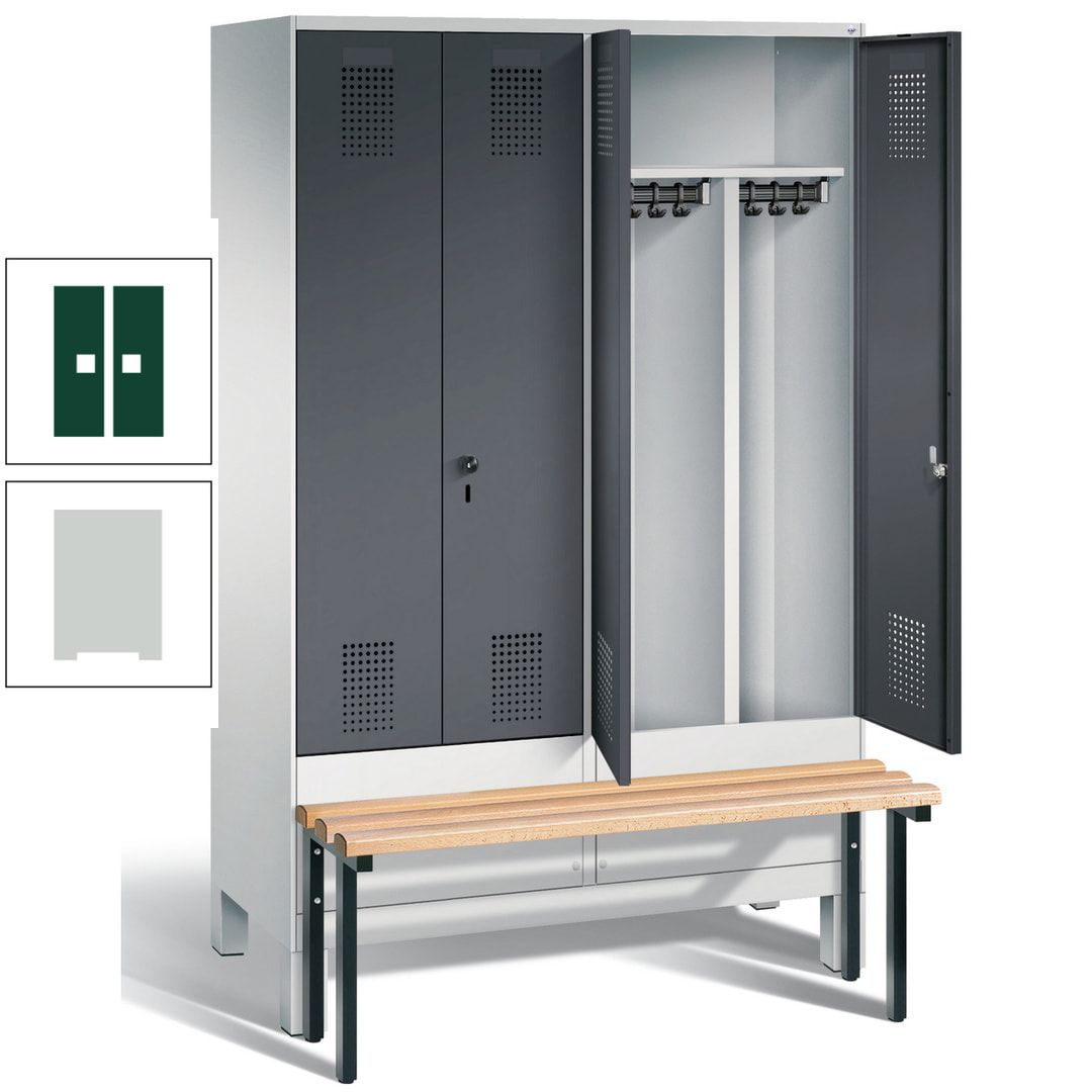 Doppel-Spind, Garderobenschrank, Buche Sitzbank vorgebaut, 4 Abteile a 300 mm, Korpus feuerrot, Tür Wasserblau, 1.850 x 1.200 x 815 mm (HxBxT)
