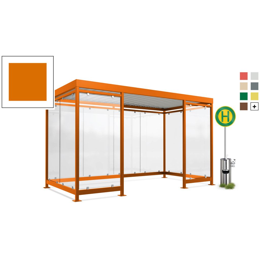 Fahrgastunterstand, Raucherunterstand, geschweißt, Aufdübeln, 12-13 Personen, 2.440 x 4.195 x 2.165 mm (HxBxT), 10 Wände, braunrot