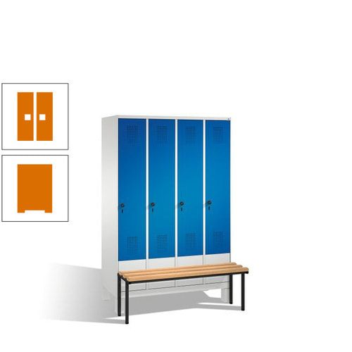 Stahl-Garderobenschrank, Spind, Buche Sitzbank vorgebaut, 4 Abteile a 300 mm, Korpus Lichtgrün, Tür Schwefelgelb, 1.850 x 1.200 x 815 mm (HxBxT)