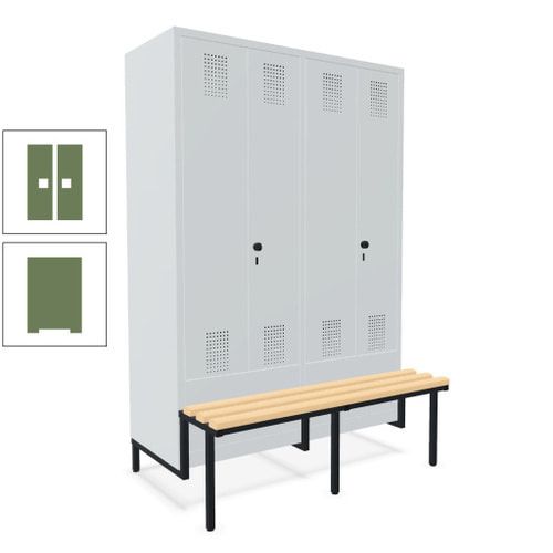 Doppel-Spind, Garderobenschrank, Buche Sitzbank integriert, 4 Abteile 300 mm, Korpus anthrazitgrau, Tür anthrazitgrau, 1.850 x 1.200 x 815 mm (HxBxT)