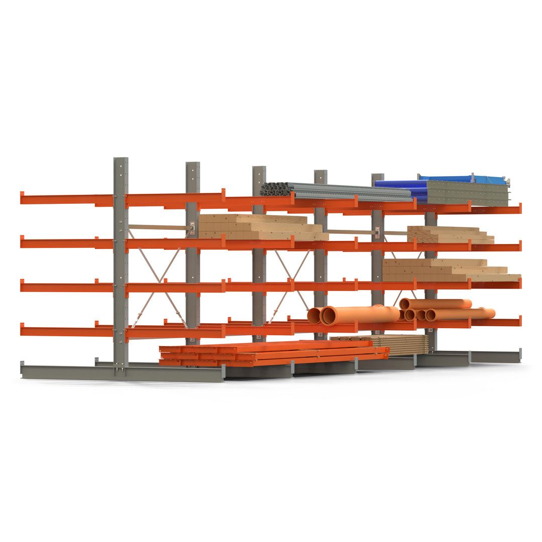 Doppelseitiges Kragarmregal, 2 Felder, 2.000 x 2.560 x 1.120 mm (HxBxT), Nutztiefe 500 mm, Kragarmlast 870 kg, KARL basic, silbergrau/reinorange