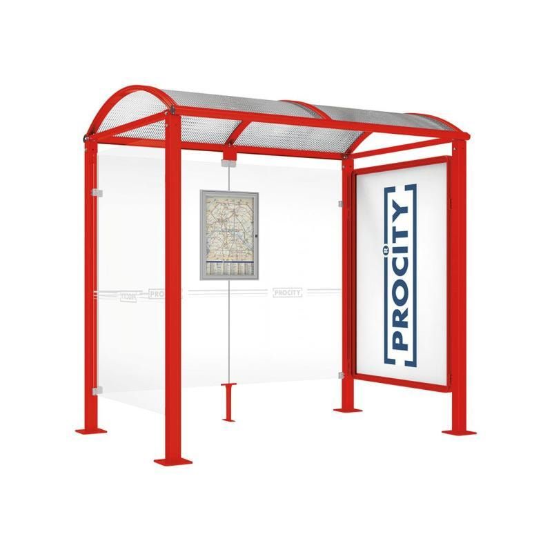 Buswartehalle, Unterstand, 1 Seitenwand, Schaukasten, feuerverzinkt, 2.500 x 2.500 x 1.600 mm (HxBxT), ESG, Fahrplanschaukasten, Farbe enzianblau