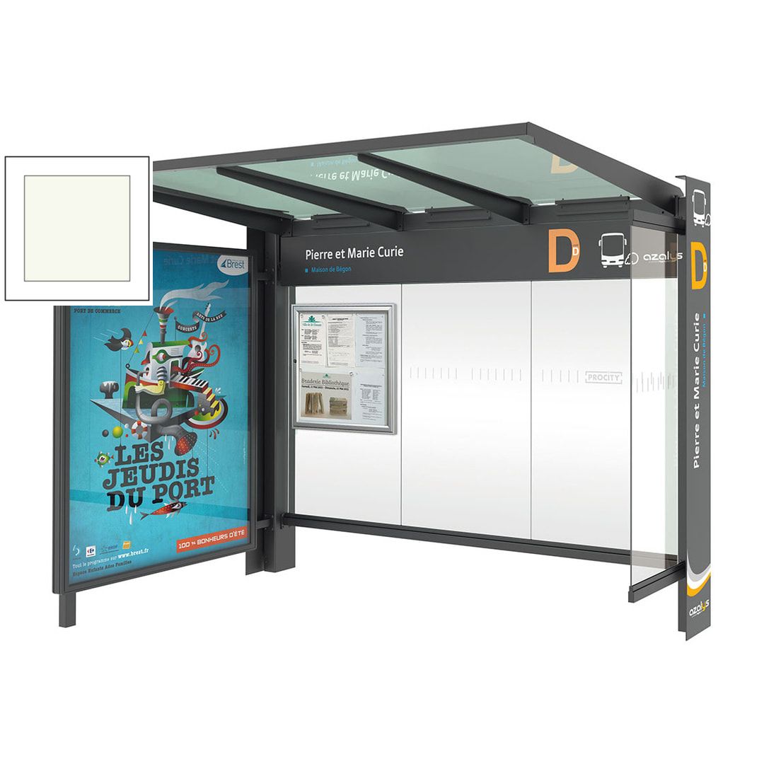 Buswartehalle, Haltestelle, Unterstand, Seitenverkeidung, Schaukasten, Infokasten, ESG, enzianblau (RAL 5010), 2.450 x 3.000 x 1.550 mm (HxBxT)