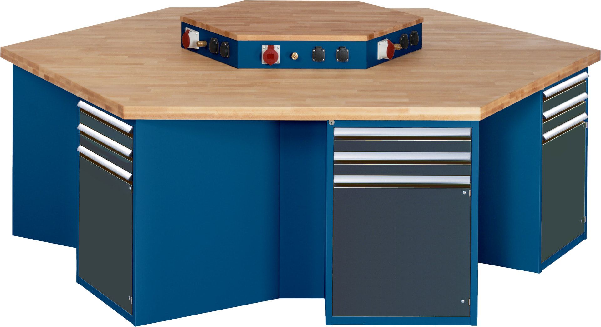 Gruppenwerkbank, Buche, Höhe 840 mm, mit Energieaufsatz, Unterbau-Container, 2 Schubladen, 1 Tür, 1 Boden - Anthrazitgrau