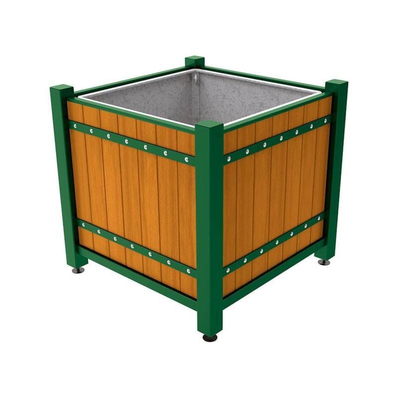 Pflanzbehälter, Pflanzgefäß, verzinkt, Eichenholzverkleidung, innen feuerverzinkt mit Verladungsgriffen, 1.085 x 1.230 x 1.230 mm (HxBxT), enzianblau