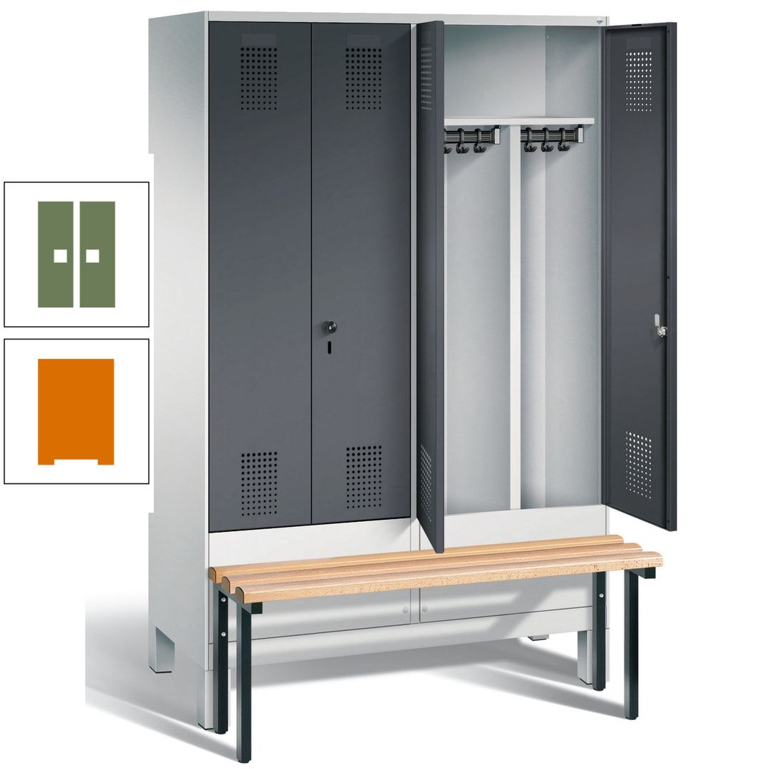 Doppel-Spind, Garderobenschrank, Buche Sitzbank vorgebaut, 4 Abteile a 300 mm, Korpus feuerrot, Tür Wasserblau, 1.850 x 1.200 x 815 mm (HxBxT)