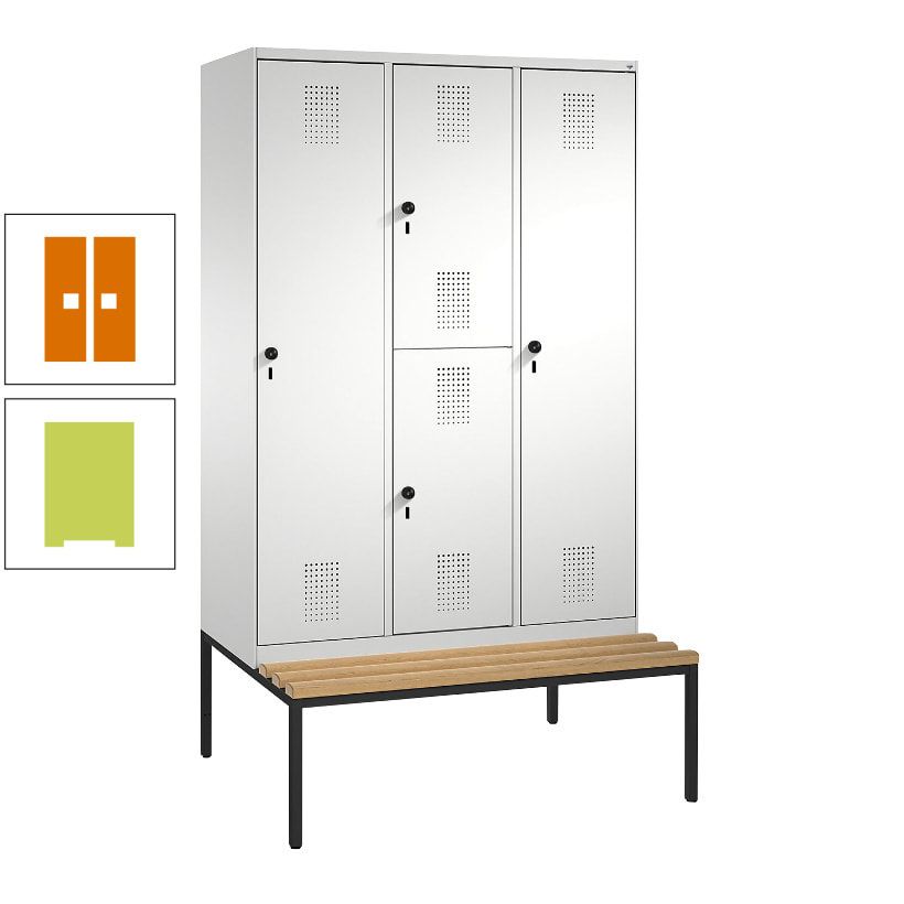 Garderobenschrank, Spind ein- und doppelstöckig Sitzbank, 3 Abteile, 4 Fächer, 2.090x1.200x500 mm (HxBxT), Front anthrazitgrau, Korpus anthrazitgrau