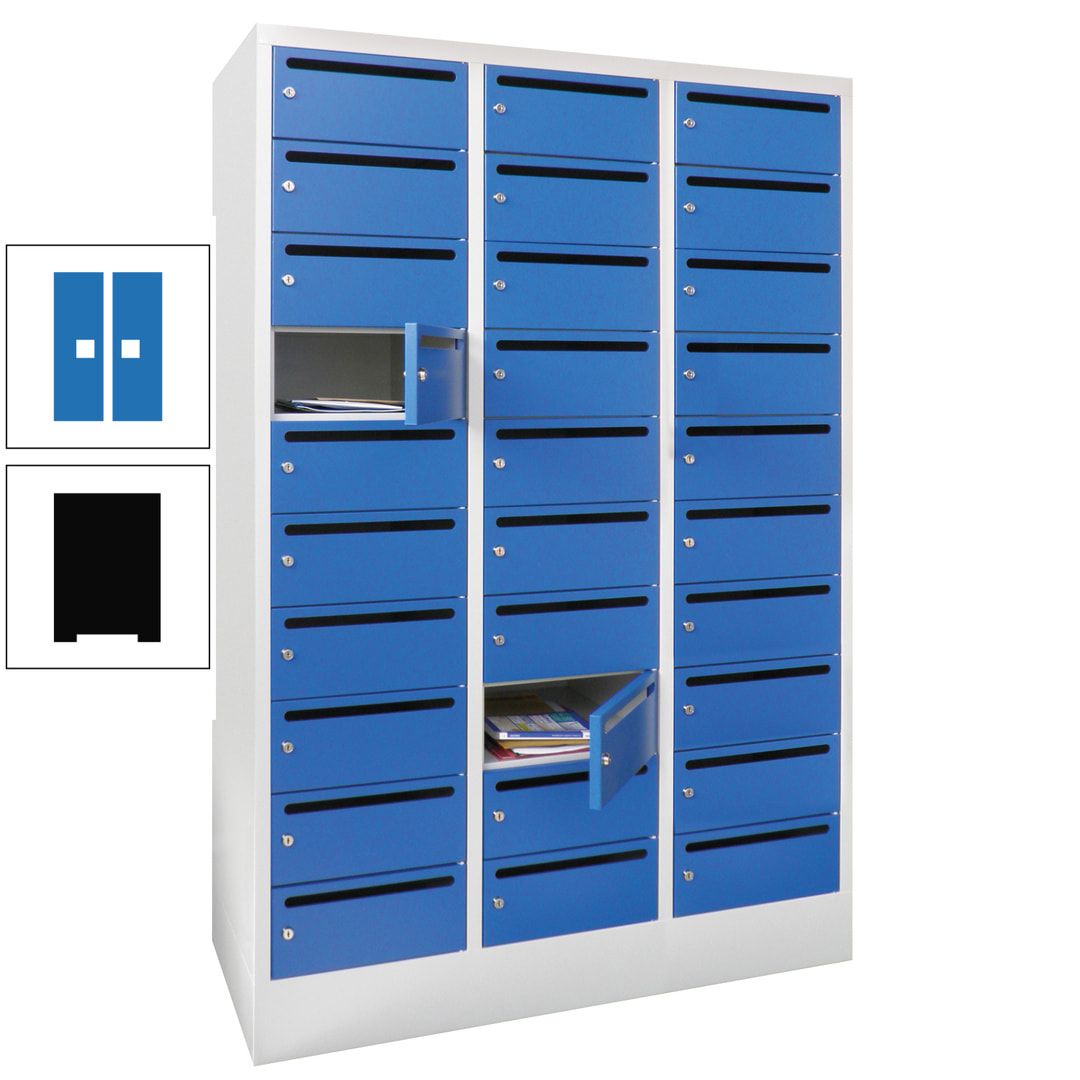 Postverteilerschrank, Schließfachschrank, 3 Abteile a 300 mm, 30 Fächer, 1.850 x 900 x 500 mm (HxBxT), Korpus anthrazitgrau, Front anthrazitgrau