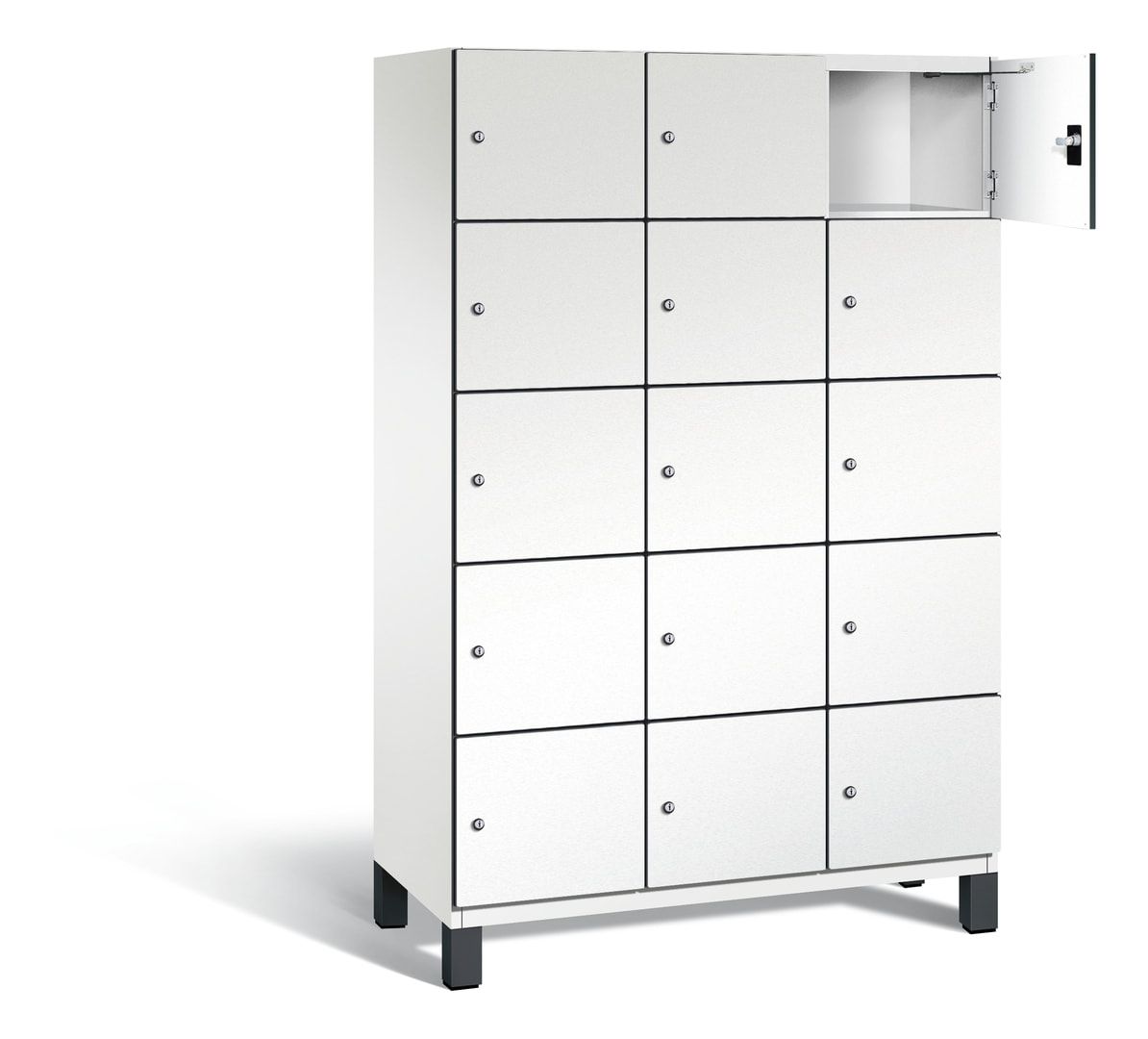 Fächerschrank, Stahlschrank, 15 Fächer, Türöffnungsbegrenzer, Füße, 1.980 x 1.200 x 525 mm, Korpus anthrazitgrau, Dekorfront HPL Donau-Ahorn