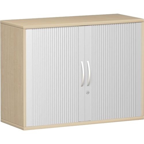 Anstell-Querrollladenschrank, Dekoreinlageboden, Stellfüße, abschließbar, 720 x 1.000 x 425 mm (HxBxT), Korpusfarbe Ahorn, Frontfarbe silber