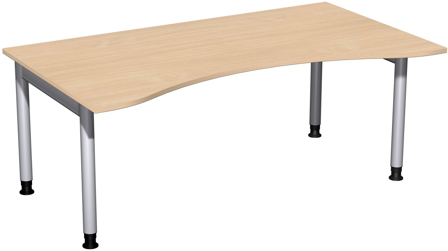 Ergo-Schreibtisch, Füße einseitig verkürzt, 4-Fuß Pro, höhenverstellbar, 680-800 x 1.600 x 1.000 mm (HxBxT), Gestell silber, Dekor Ahorn