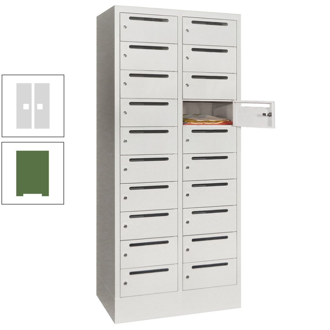 Postverteilerschrank, Schließfachschrank, 2 Abteile a 400 mm, 20 Fächer, 1.850 x 800 x 500 mm (HxBxT), Korpus anthrazitgrau, Front anthrazitgrau
